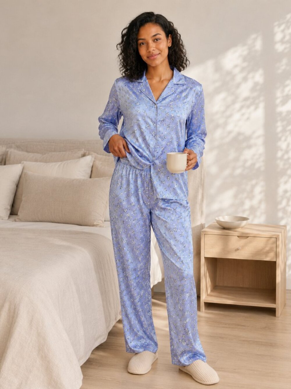 Purple Blue Cat Pajama Satin Set Pants Button Front Top Medium to Large